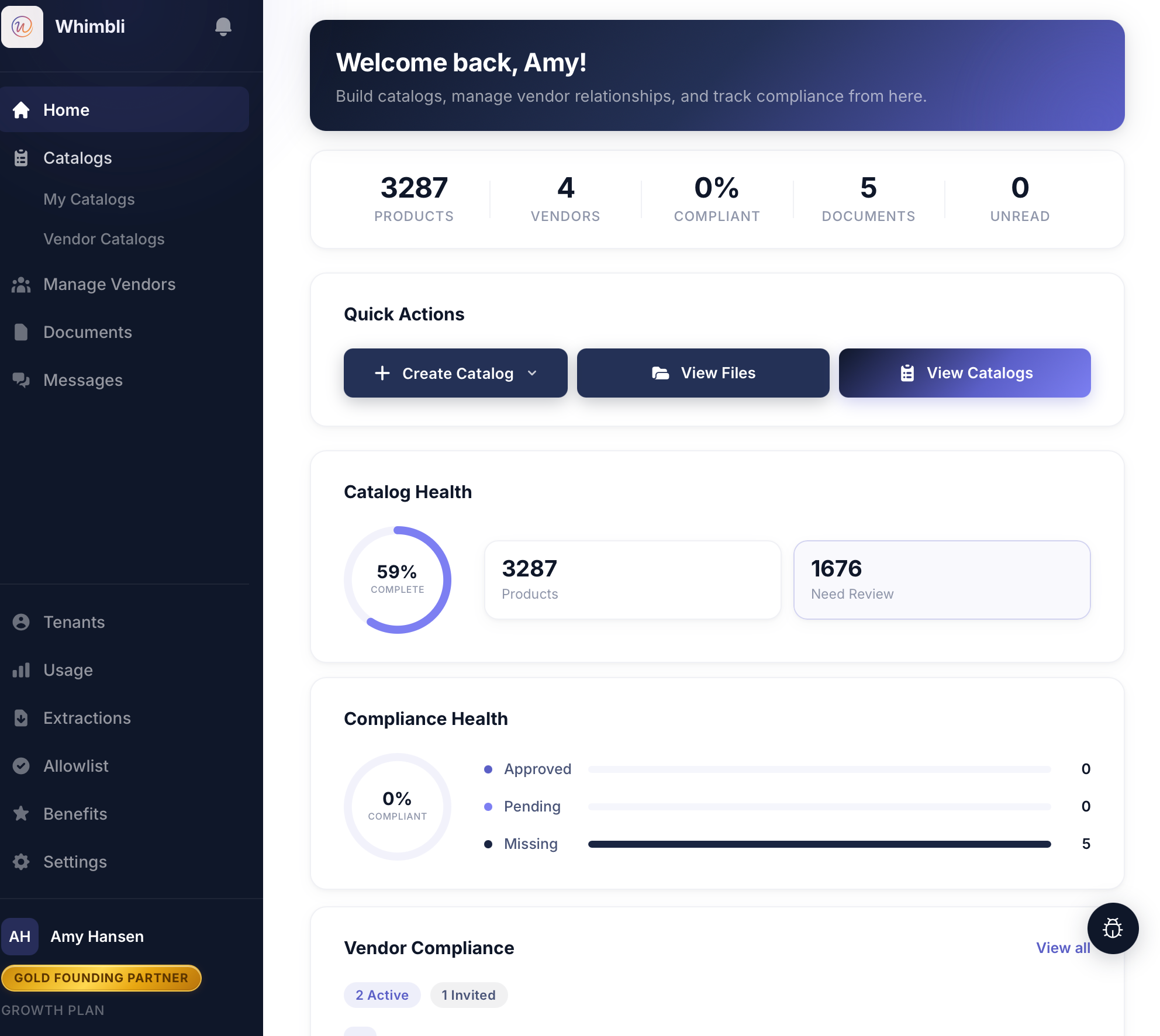 Whimbli dashboard: catalogs, vendor compliance health, documents, and quick actions on a single screen.