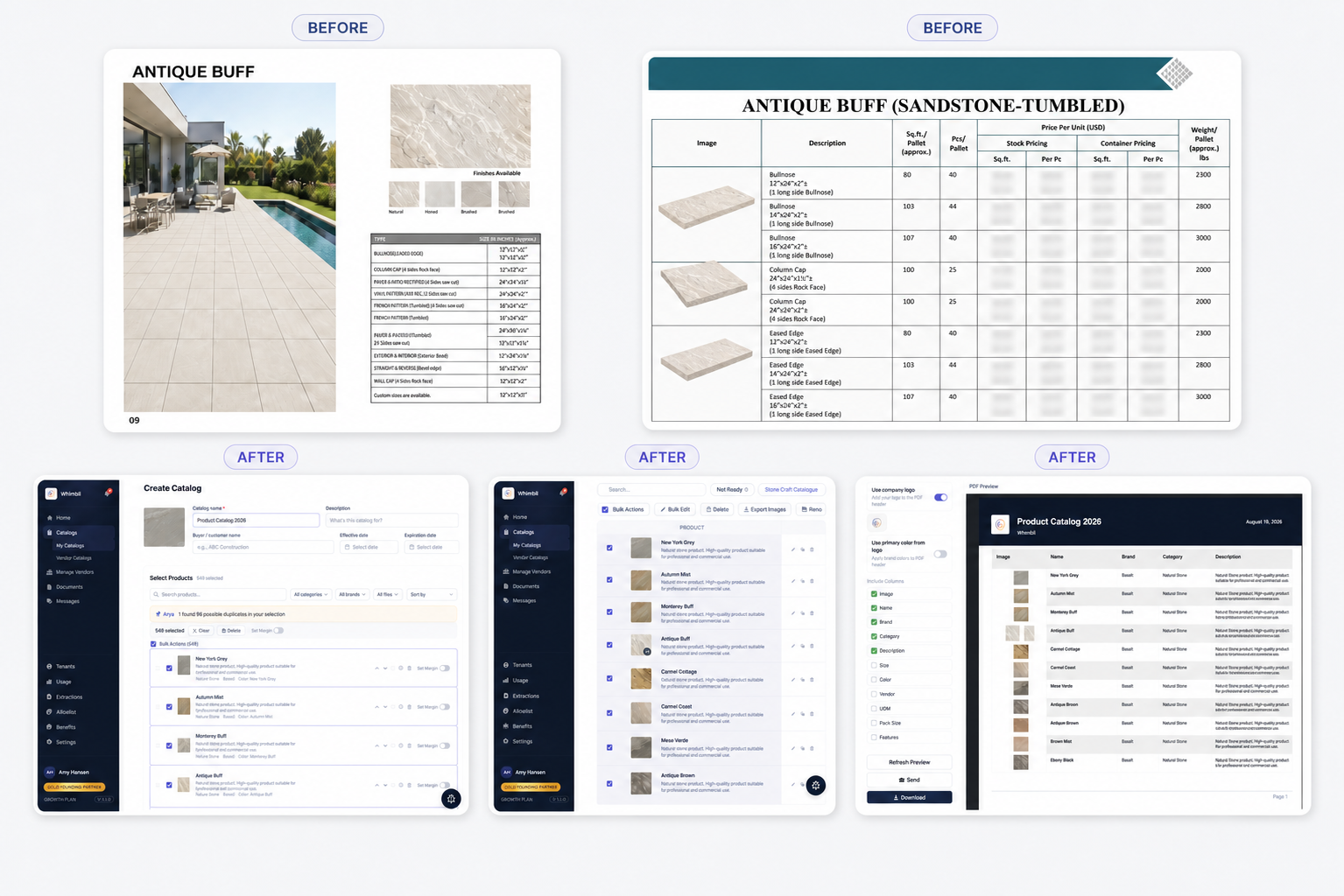 Before: a supplier catalog page and a price-list PDF. After: the same products organized in the Whimbli workspace — catalog builder, product list, and a buyer-ready PDF preview.